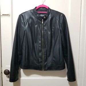 Womens Cole Haan Black Faux Leather Jacket Zip Up Motorcycle Collarless Size S